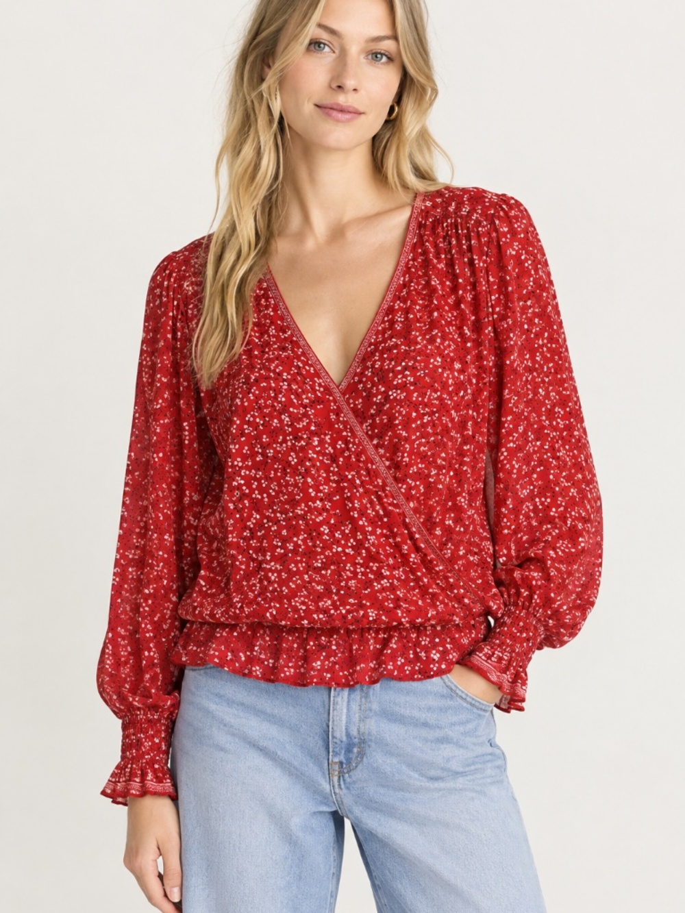 Max Studio Faux Wrap Peasant Blouse  Red Floral Ditsy Print Peasant sz L